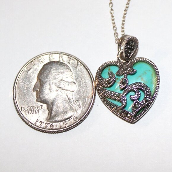 Sterling Silver Faux Turquoise & Marcasite Heart Necklace - Picture 3 of 6